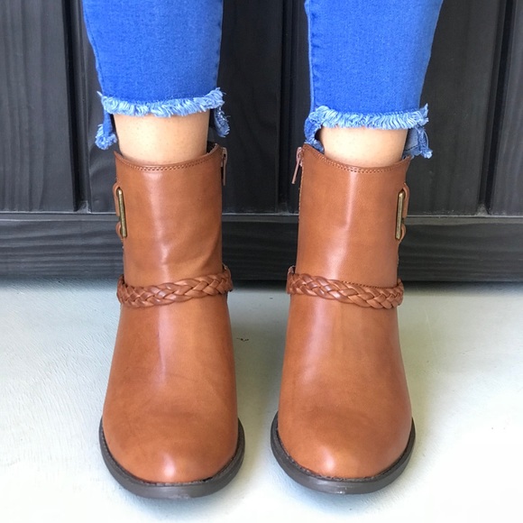 Cognac Western Flair Braid Buckle Boho Ankle Boots - Picture 4 of 7